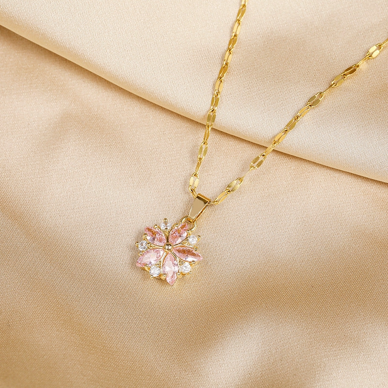 Wholesale Zircon Crystal Cherry Blossom Titanium Steel Necklaces