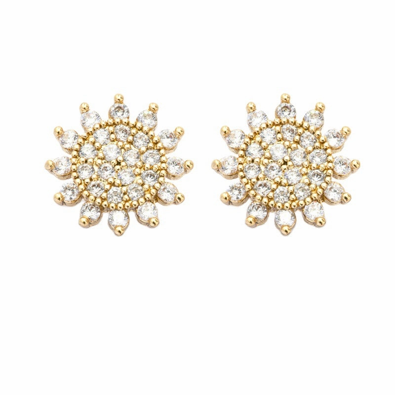 Wholesale Zircon Flash Diamond Sunflower Copper Ear Studs