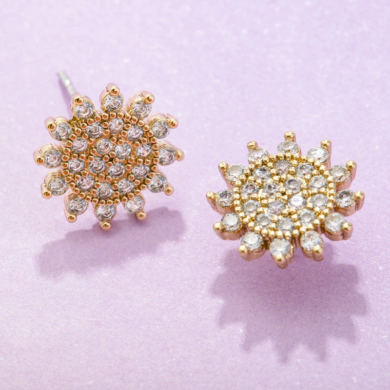 Wholesale Zircon Flash Diamond Sunflower Copper Ear Studs