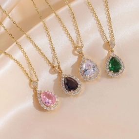 Wholesale zircon full diamond water drop color diamond copper gold plated necklace