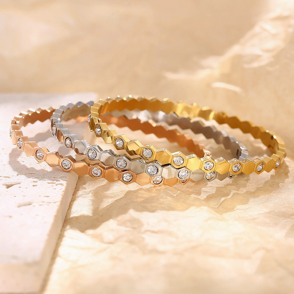 Wholesale Zircon Hexagonal Honeycomb Titanium Steel Bracelet