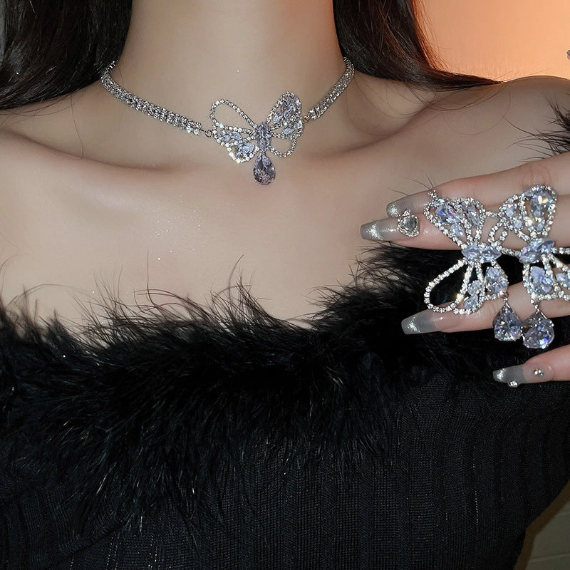 Wholesale Zircon Hollow Bow Teardrop Earrings Necklace Set