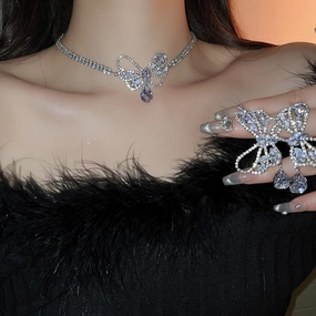 Wholesale Zircon Hollow Bow Teardrop Earrings Necklace Set