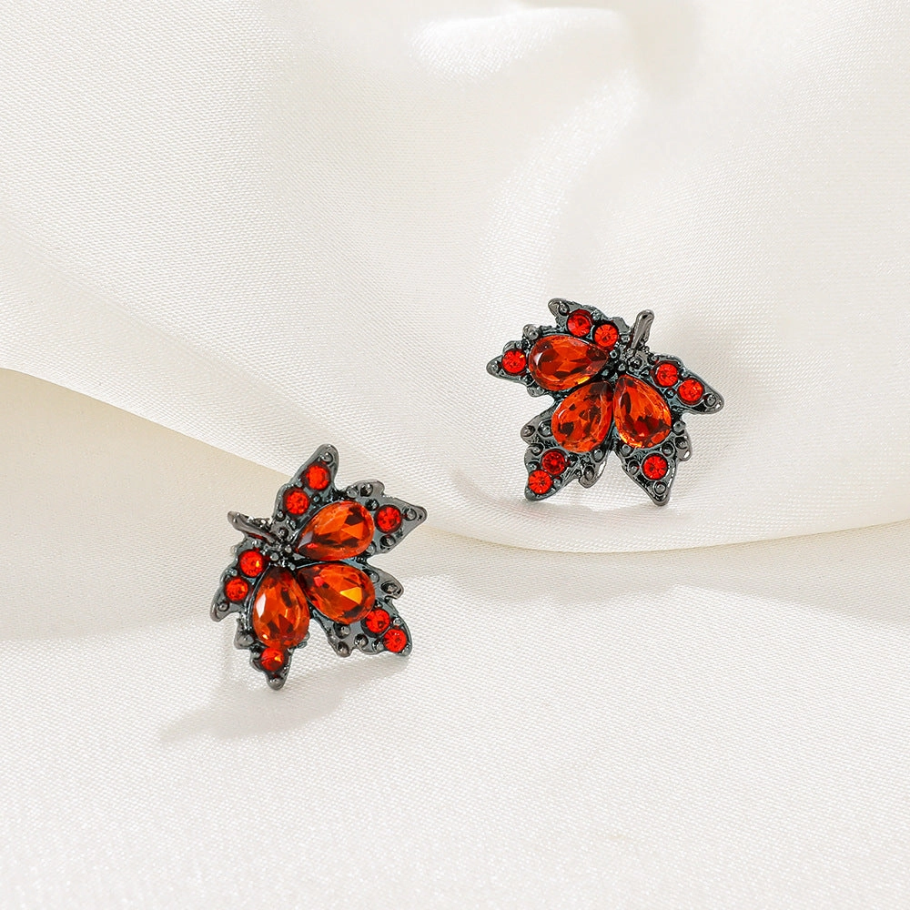Wholesale Zircon Inlaid Red Maple Leaf Earrings
