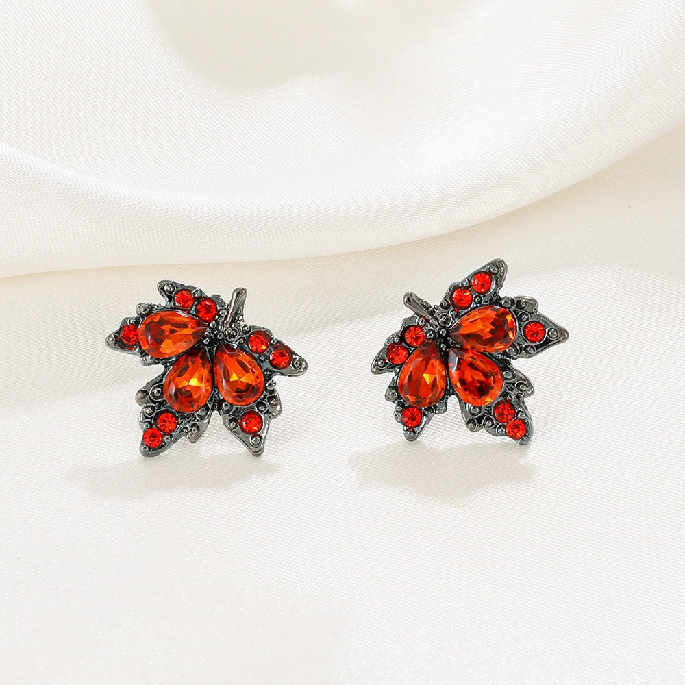Wholesale Zircon Inlaid Red Maple Leaf Earrings