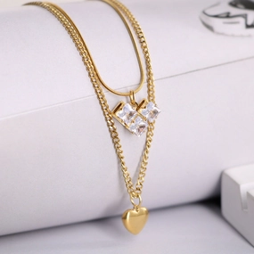 Wholesale Zircon Love Heart Double Layer Titanium Necklaces