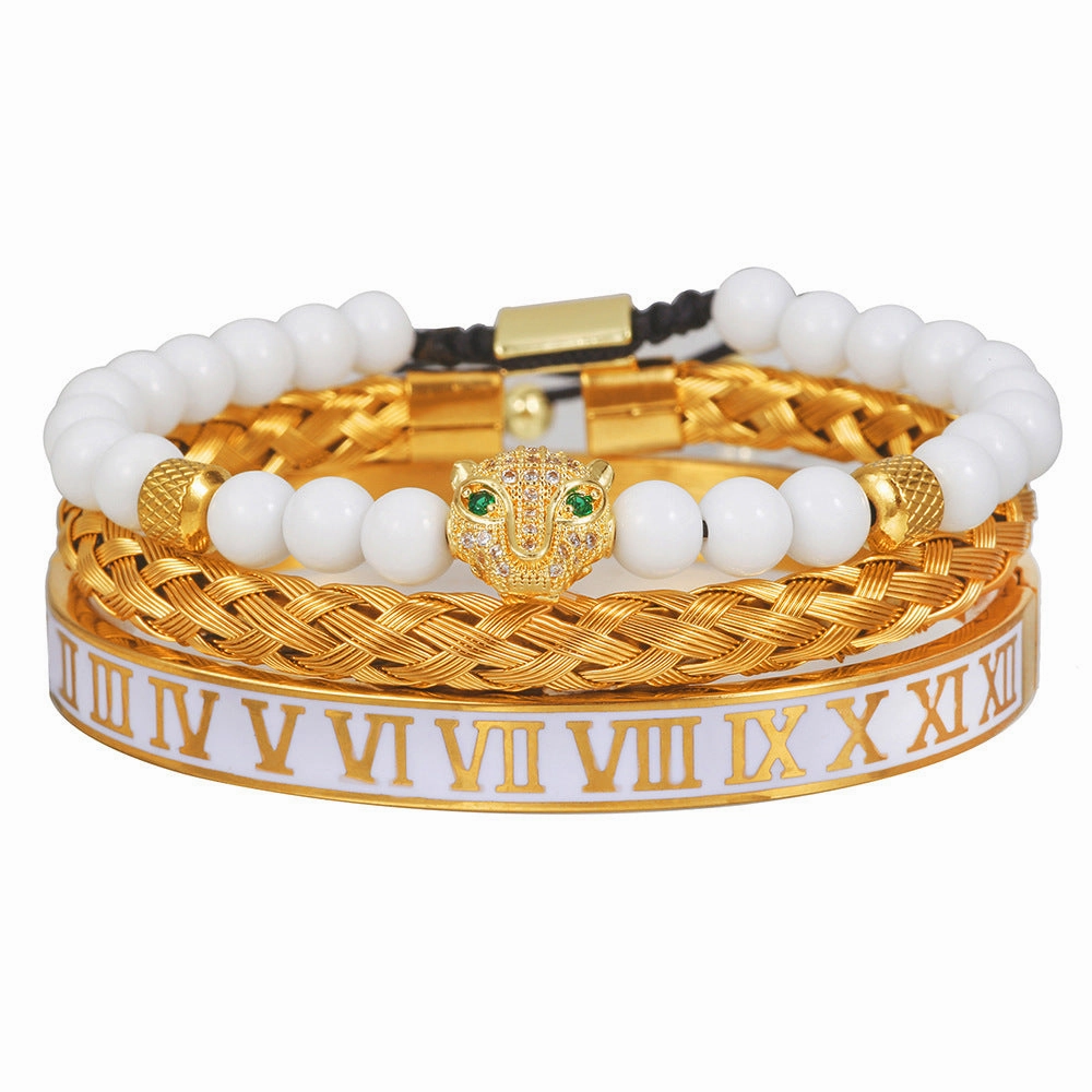 Wholesale Zircon Skull Crown Stainless Steel White Oil Drop Roman Numeral Bracelet Set