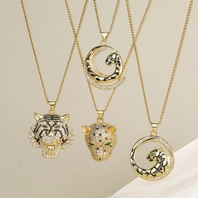 Wholesale ZirconThe Head of A Tiger Panther Pendant Gold Plated Neckplaces