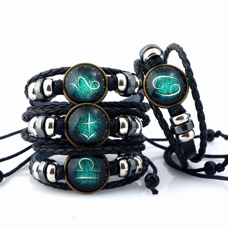 Wholesale Zodiac Sign Handwoven Vintage Leather Bracelet
